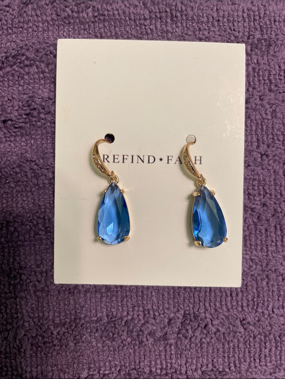 Gold Drop Earrings with Blue Teardrop Crystals NWOT